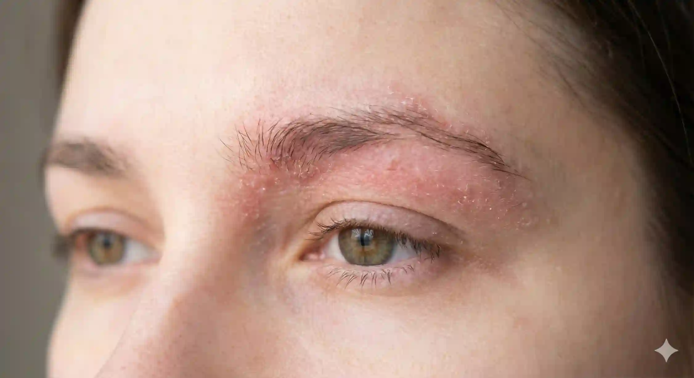 عکس نزدیک از التهاب، قرمزی و پوسته‌ریزی پوست زیر ابرو ناشی از واکنش آلرژیک به مواد شیمیایی موجود در ژل ابرو.