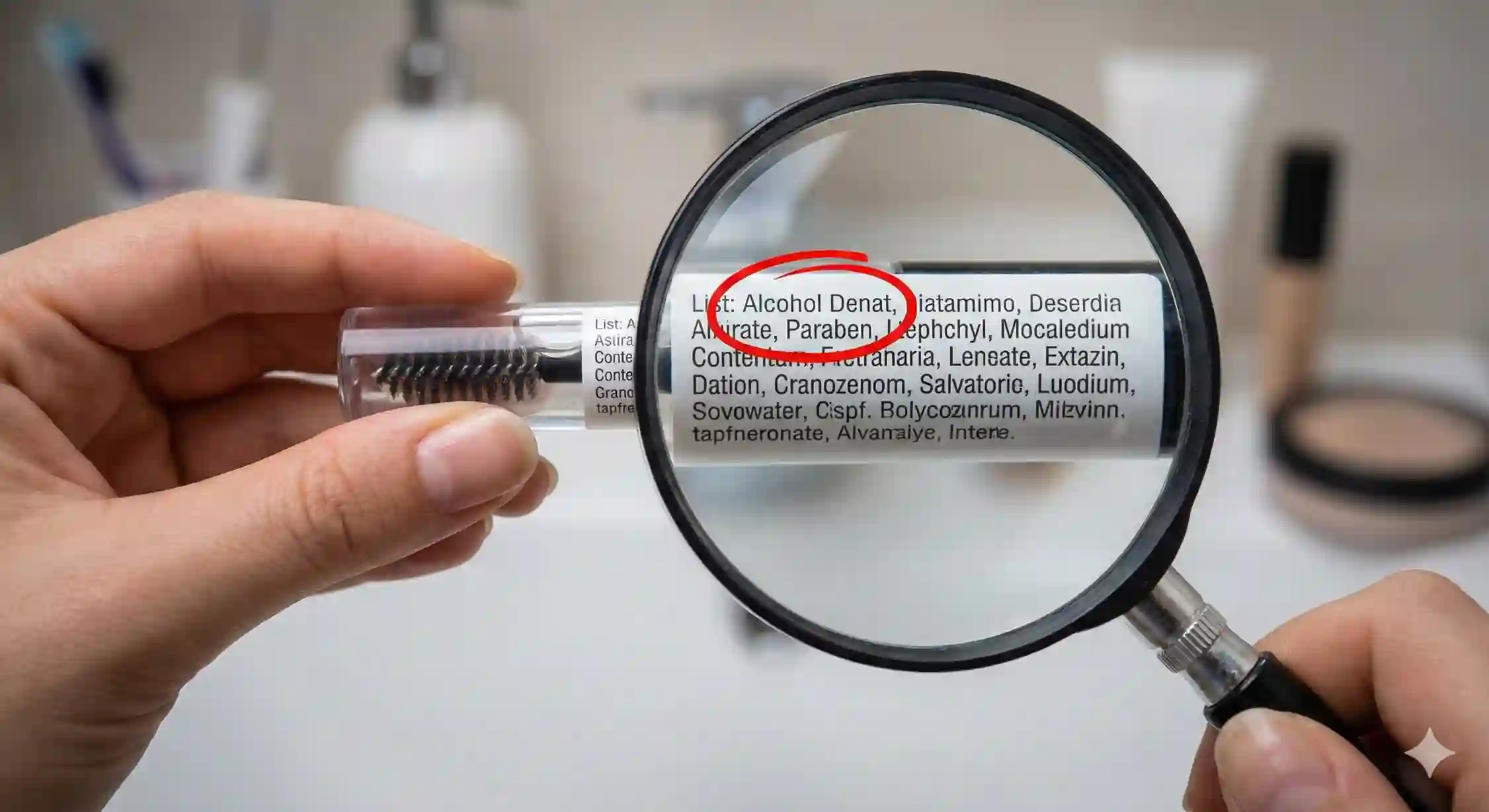 تصویر ذره‌بین که روی برچسب مواد تشکیل دهنده ژل ابرو قرار گرفته و ترکیبات مضر الکل دناتوره و پارابن را برجسته کرده است.