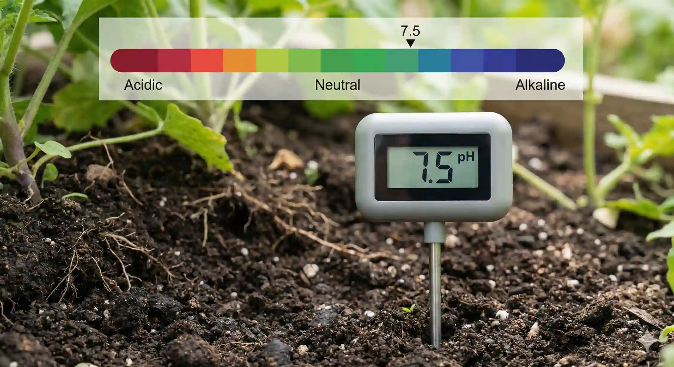 اندازه گیری pH خاک با دستگاه دیجیتال جهت تعیین میزان قلیایی بودن زمین.