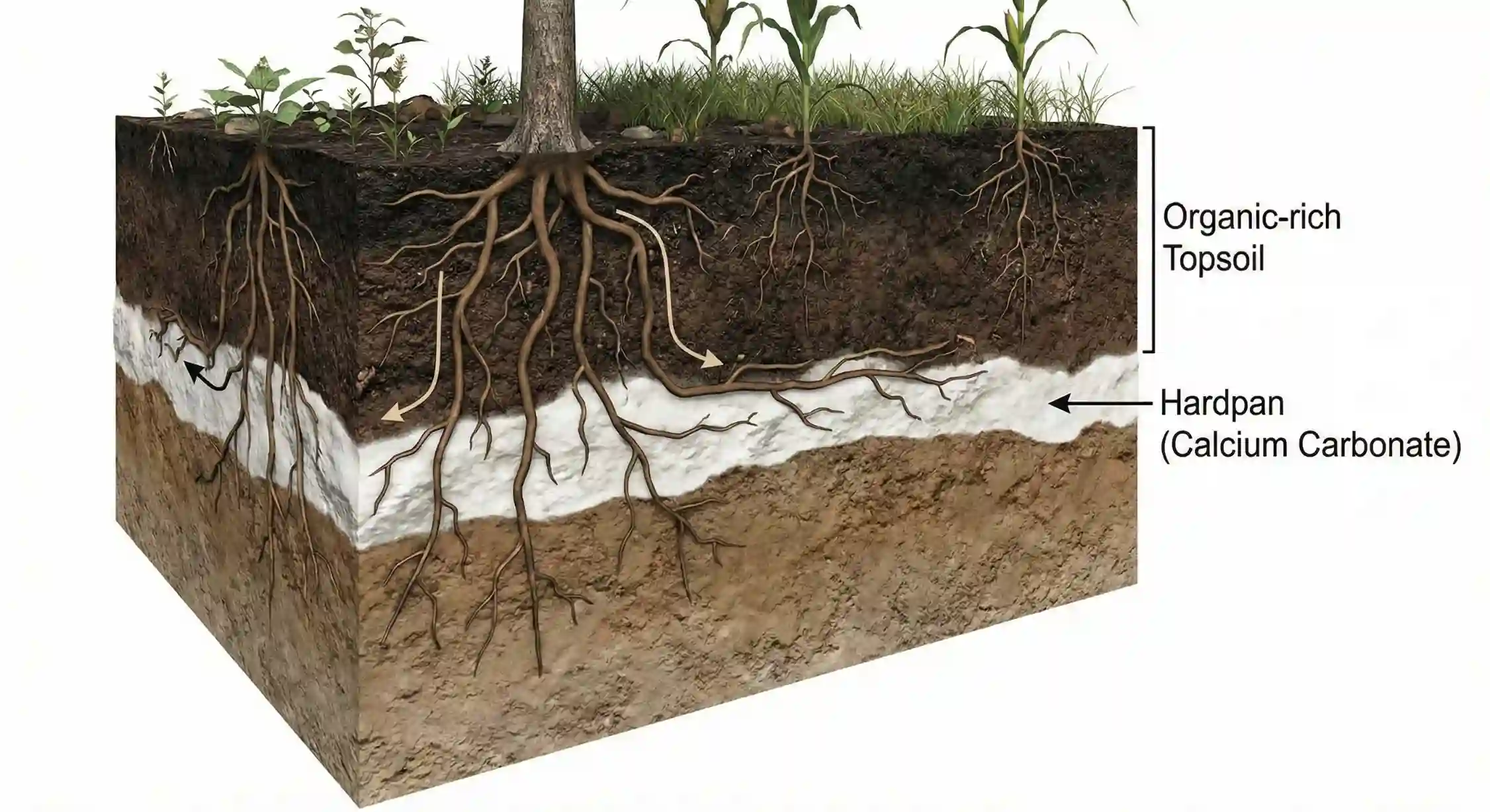 تاثیر لایه سخت آهکی و سدیمی بر عدم نفوذ ریشه درختان در عمق خاک.