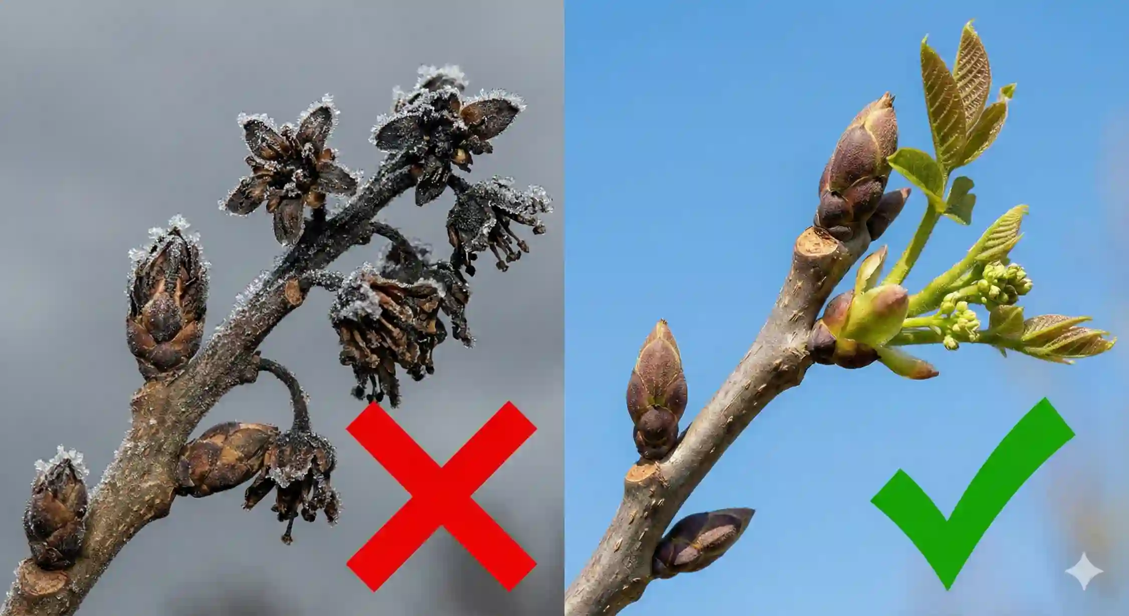 مقایسه شکوفه های سرمازده گردوی معمولی با نهال گردو فرنور دیرگل و مقاوم به سرما.